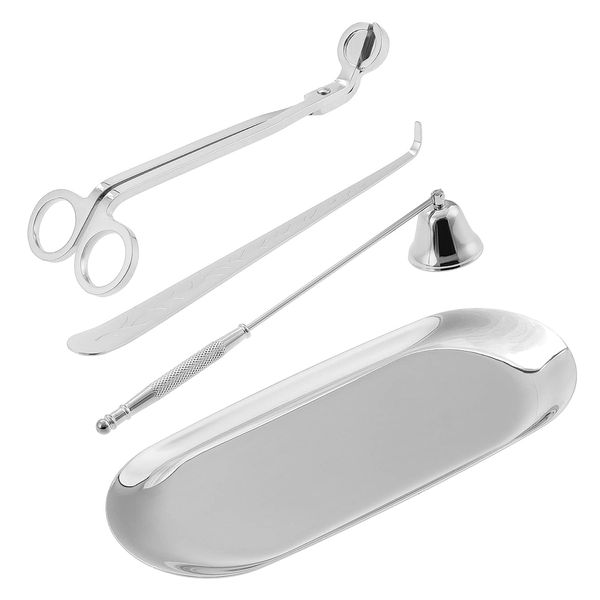 Kinsinder 4pcs Stainless Steel Candle Accessory Tool Set, Candle Care Kit Include Candle Snuffer, Wick Trimmer, Wick Dipper Stainless and Storage Tray Plate (Silver)