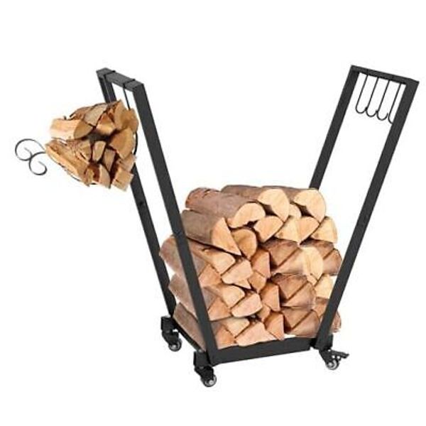 31 Inch Firewood Rack with Swivel Casters, Metal Wood Storage, Holder with