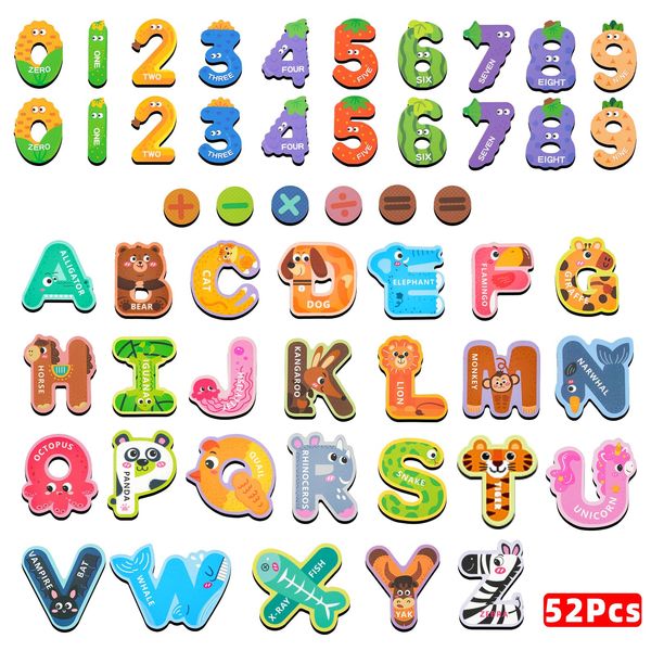 Cocurb 52 Pack Magnetic Letters Numbers Fridge Magnets for Toddlers 1 to 3 Learning Toys, Animal ABC Cardboard Magnets for Refrigerator Colourful Alphabet Toys Baby Educational Toys