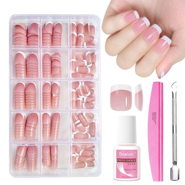 240pcs French False Nails Kit - French Press On Nails - Short False Nails with Glue - 15 Different Sizes Nude Pink French Tip False Nails - Glossy Full Cover Stick on Nails