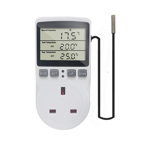 KETOTEK Digital Thermostat Plug Socket Temperature Controller 220V with Sensor Probe, Thermostatic Plug Heating Cooling for Greenhouse Freezer Refrigerator Fermentation