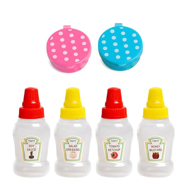 4 Mini Sauce Containers with 2 Pieces Condiment Boxes, Household Mini Condiment Bottles, Squeeze Style Sauce Bottles with Lids, Convenient Mini Condiment Dispenser, Suitable for Camping, Picnic