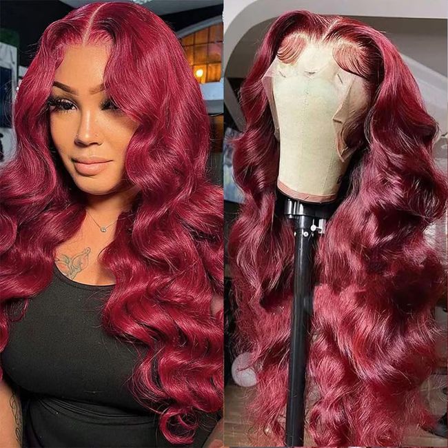 13x6 Burgundy Lace Front Wigs Human Hair Red Colored Body Wave Human Hair Wigs Pre Plucked 99j Body Wave Human Hair Lace Front Wigs for Black Women 180% Density (26 inch)