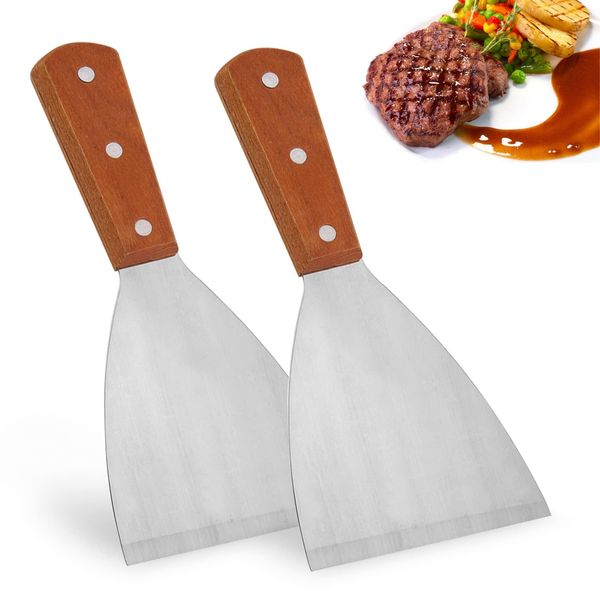 2pcs Griddle Scraper, Stainless Steel Spatula for Cast Iron Wood Handle Slant Edge Grill Scrapers for Food Service/Cooking/Cleaning, Ideal for BBQ Indoor & Outdoor