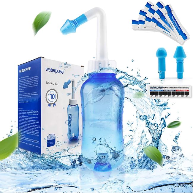 WATERPULSE Nasendusche mit Salz, 300ml Neti Pot Sinus Spülung mit 10 Nasenspülsalz Wash Salt Packets und Sticker Thermometer für Erwachsene & Kid BPA Free, Blue