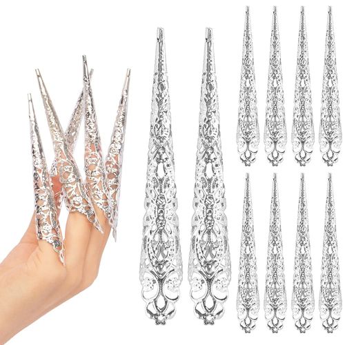 CLFYOU Women Long Nail Ring Cosplay Armor Ring Long Nail Ring Openwork Fake Nail Ring Fake Nail Ring Finger Decoration Finger Nail Nail Women DIY Nail Art Accessories Halloween Costume Gift