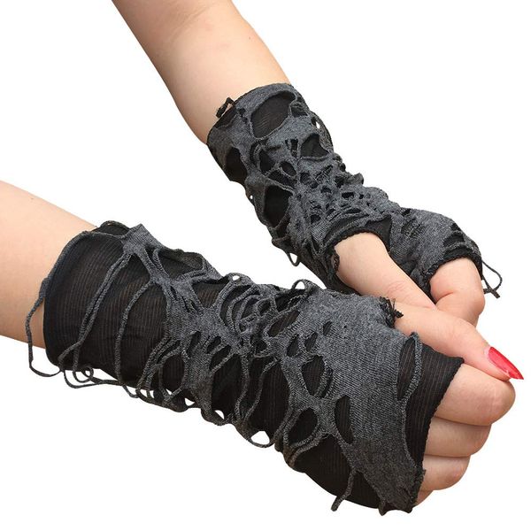 Mrotrida Women's Punk Fingerless Glove Cosplay Ripped Gloves for Halloween Costume Party 1Pair Black