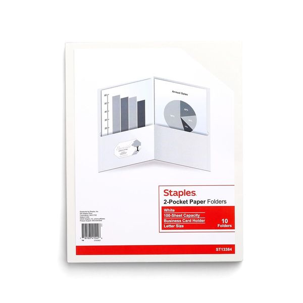 Staples 10% Recycled Smooth 2-Pocket Paper Presentation Folder, White, 10/Pack (13384-CC)