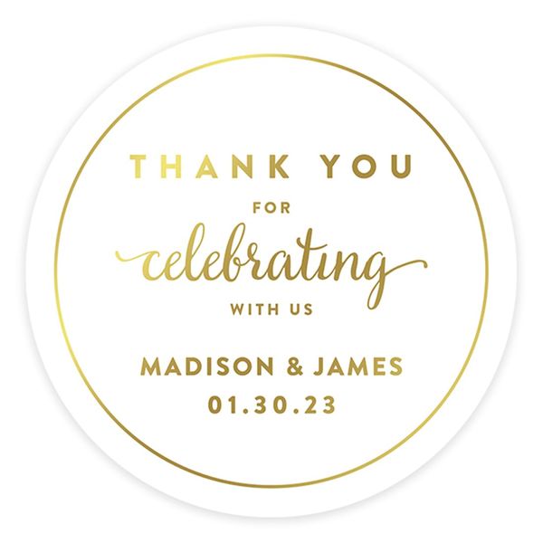 Andaz Press Personalized Round Circle Wedding Favor Gift Labels Stickers, Metallic Gold Ink, Thank You for Celebrating with US, 40-Pack, Custom Made Any Name