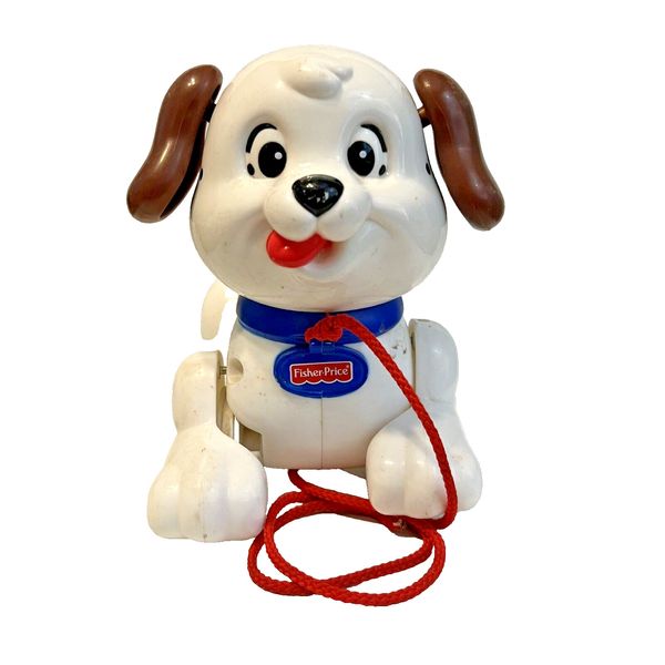 VTG Fisher Price Plastic Puppy Dog Pull Along Toy -Red String & Blue Collar 2005