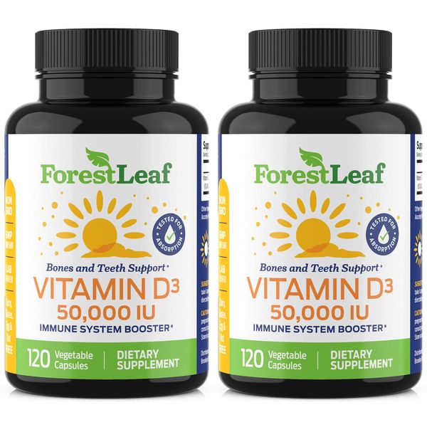 ForestLeaf - Vitamin D3 50,000 IU Weekly Supplement - Vegetable Vitamin D Capsules for Bones, Teeth, and Immune Support - Easy Swallow Pure Vitamin D3 50000 (120 Count (Pack of 2))