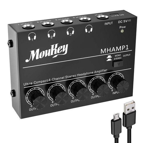 Moukey Headphone Amp Amplifier 4 Channels Metal Stereo Audio Amplifier,Mini Headphone amplifier portable - 4x Quarter Inch Balanced TRS Headphone Output and TRS Audio Input, DC5V Power Supply-MHAMP1