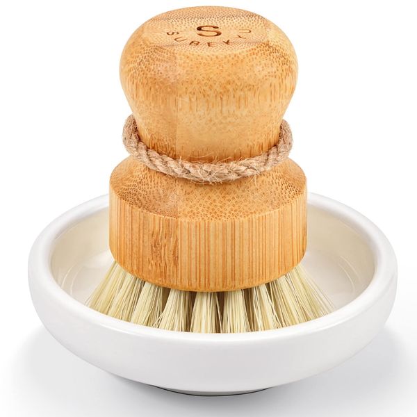 SUBEKYU Bamboo Dish Scrub Brush for Kitchen Sink, Natural Wooden Washing Dish Brush Scrubber, Sisal Bristles Brush for Household Cleaning Cast Iron Brush Pots, Pans and Vegetables