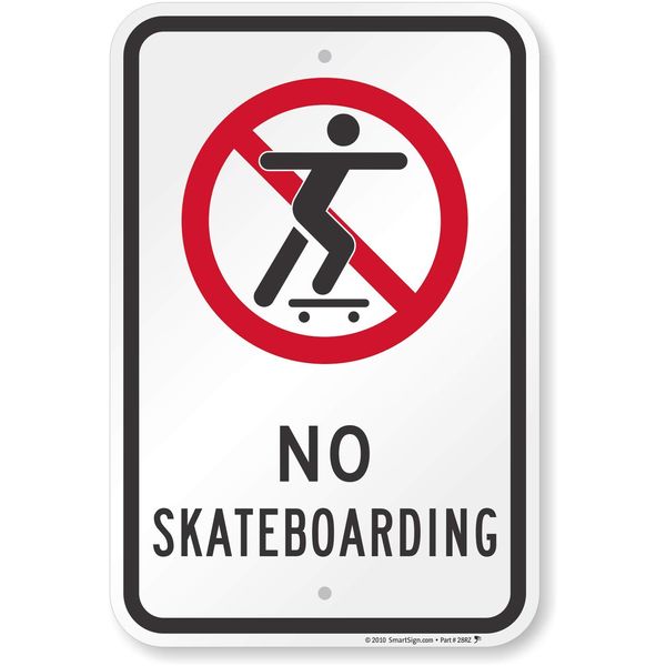 SmartSign 18 x 12 inch “No Skateboarding” Metal Sign with Symbol, 63 mil Laminated Rustproof Aluminum, Red, Black and White