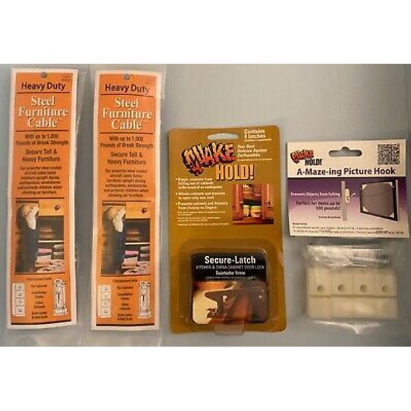 Earthquake supplies, 4 NEW: furniture cables, cabinet latches, heavy mirror hold