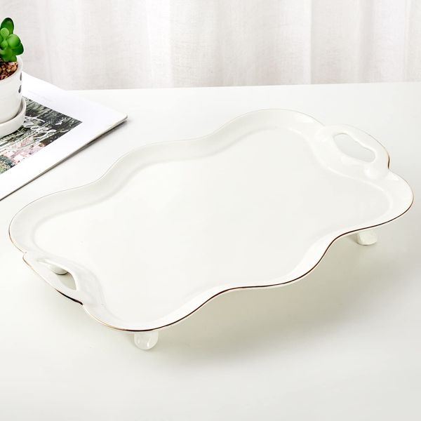 DUJUST Porcelain Serving Tray with Handles, Luxury British Style Coffee Table Tray with Golden Rim, Beautiful Tea Tray Decor for Living Room, Easy to Use & Clean