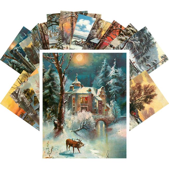 PIXILUV Vintage PostCards 24 pcs Winter Rural Life Christmas Landscapes Vintage Art