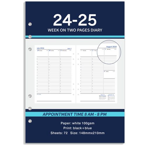Academic Refill Diary 2024-2025 - Diary 2024-2025 Day Per Page, 6-Hole Punched, Week on Two Pages 148 x 210 mm Monday Start, August 2024 - July 2025