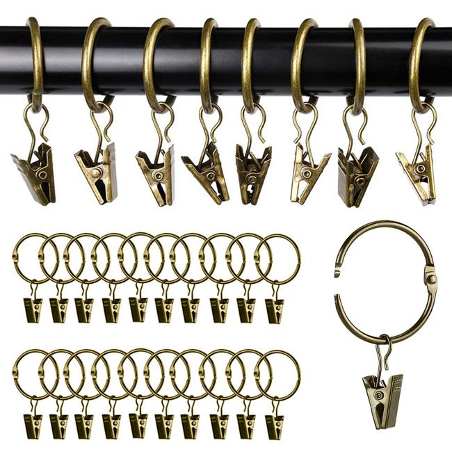 YFFSFDC 20pcs Curtain Ring Clips, Curtain Clip Hooks Opening Design 38mm Inner Diameter Curtain Ring Hooks Shower Curtain Easy Installation, Steel (Bronze Color)