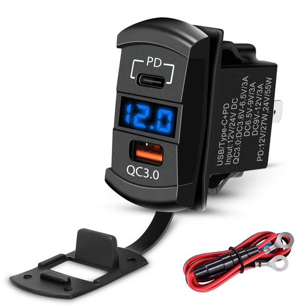 Linkstyle Car Charger Socket, PD Type C & QC3.0 USB Car Power Outlet with LED Digital Voltmeter for 12V Vehicle Marine Boat