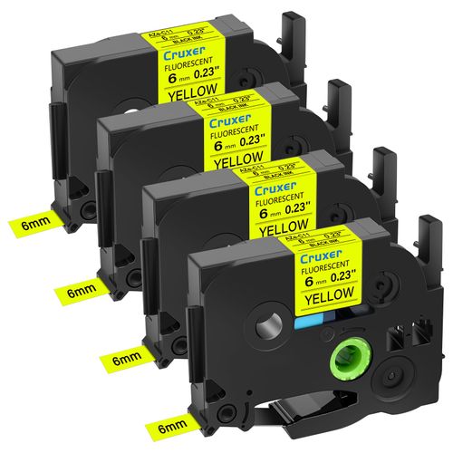 4 Pack 6mm 0.23" Compatible with Brother P-Touch TZe-C11 TZ-C11 TZeC11 Black on Yellow, Fluorescent Laminated 16.4ft(5m) Label Tape for PTH110 PTD210 PTD600 PT-P710BT PTD400 PT-D450 Water Resistant