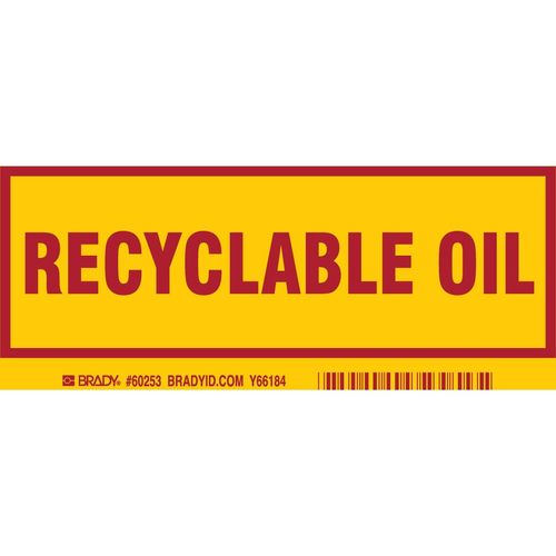 Brady 60253 Laminated Polyester Container Label , Red On Yellow, 3" Height x 7" Width, Legend "Recyclable Oil" (25 Labels per Package)