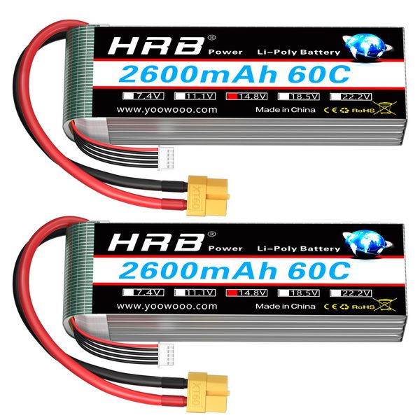 HRB 2pcs 4S 2600mAh Lipo Battery XT60 60C 14.8V RC Lipo Battery Compatible with RC Car RC Airplane RC Truck RC Boat