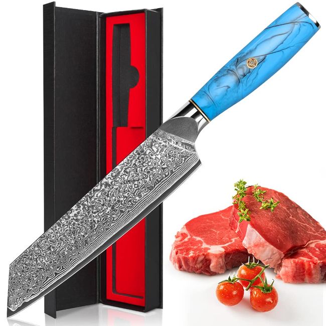 KyushuBlade Knife Sword Shaped (Cutter) Gyublade Knife Damascus Knife Blade Length 188mm. Professional Santoku Knife, Kitchen Utility Knife, Hand Forged Damascus Pattern Chef's Knife, Double-edged Knife, Left-Handed. Rust Resistant 67 Layer High Carbon St