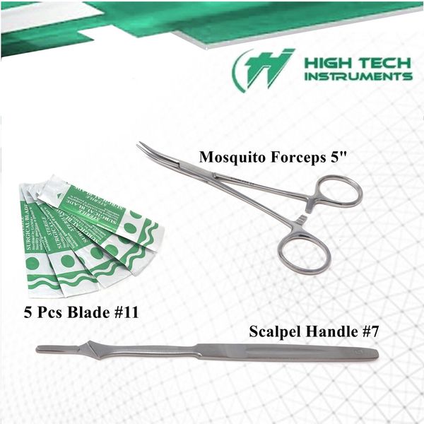 5 Carbon Steel Sterile Scalpel Blades #11 + Handle No 7 + Hemostat Forceps 5"