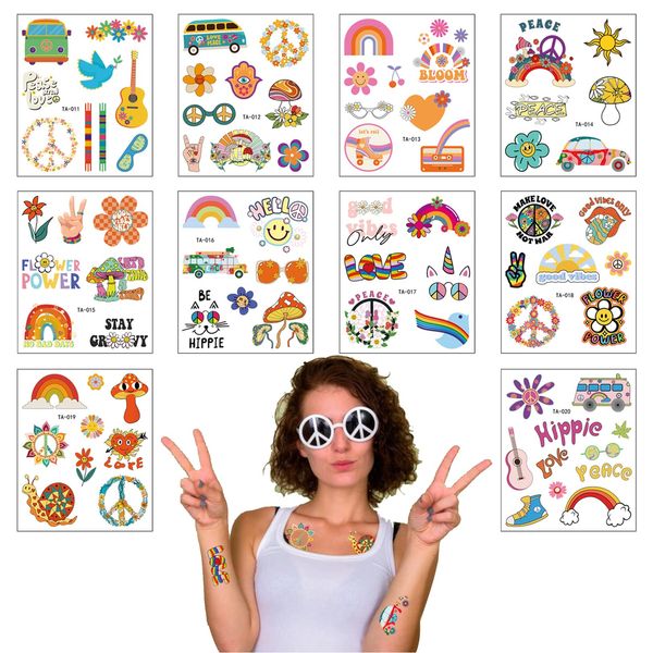 10PCS Hippie Temporary Tattoo Trendy Hippie 60's Flower Tattoo Sticker Face Tattoos for Adults and Kids Love and Peace Sign Temporary Tattoo Party Bag Fillers Party Favours Supplies