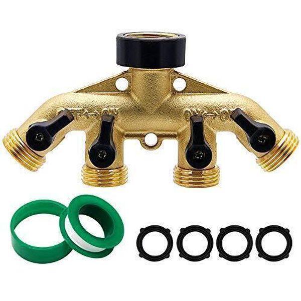 4 Way Brass Hose Splitter, 3/4" Brass Hose Faucet Manifold, Garden Hose