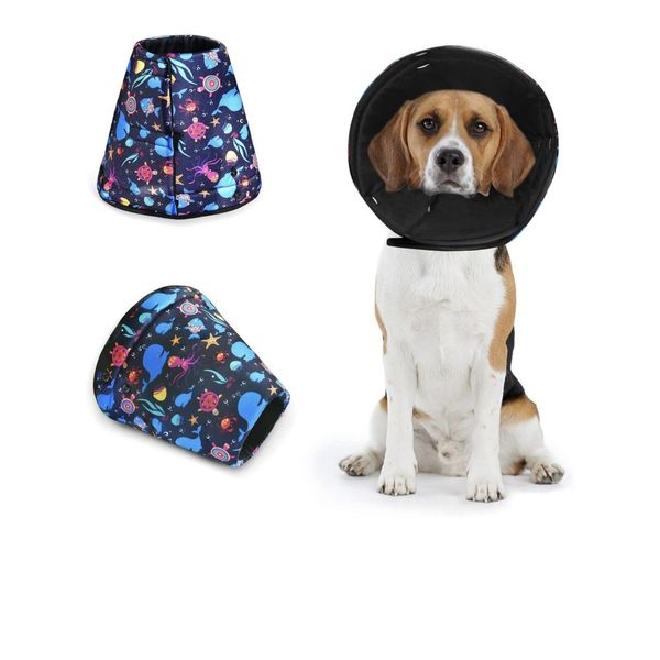 Dog Cone Collar After Surgery Soft Recovery, Medium Sea Life FIsh Whale Starfish