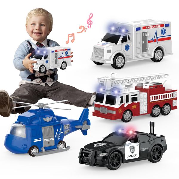 4 Packs Emergency Vehicle Toys with Lights and Siren Sound,Including Fire Truck, Ambulance Toy, Play Police Car and Toy Helicopter,Friction Powered Car Toys for Toddler Boys 3 4 5 6 Years Old