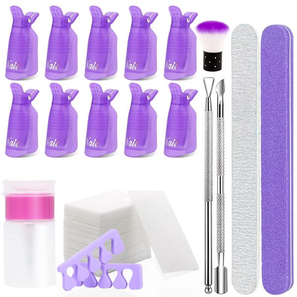 Tool Kit for Removing, 10pcs Plastic Nail Clip, Nail File, Scraper, Cuticle Pusher, Nail Brush, Finger Separators, 100 Pads Remover, Dispenser Bottle