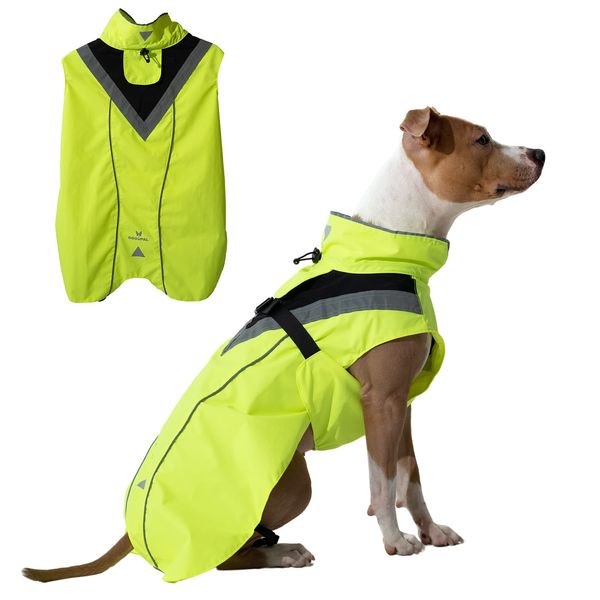 DOGOPAL Regenmantel Hund wasserdicht für kleine & große Hunde - Gelber Hunderegenmantel mit Reflektorstreifen - Wasserdichter Hundemantel, Regenschutz & Regenjacke aus atmungsaktivem Mesh L