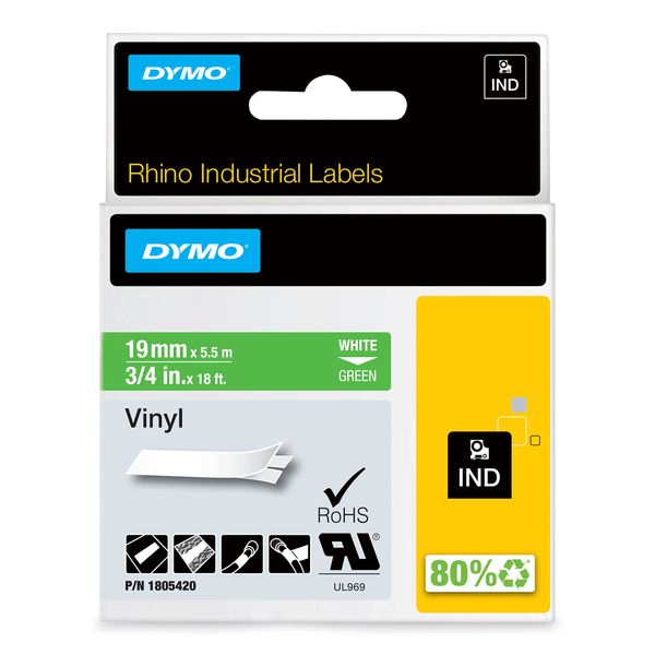 DYMO Rhino Industrial Vinyl Labels | 19 mm x 5.5 m | White Print on Green | Self-Adhesive | for LabelManager & Rhino Label Makers