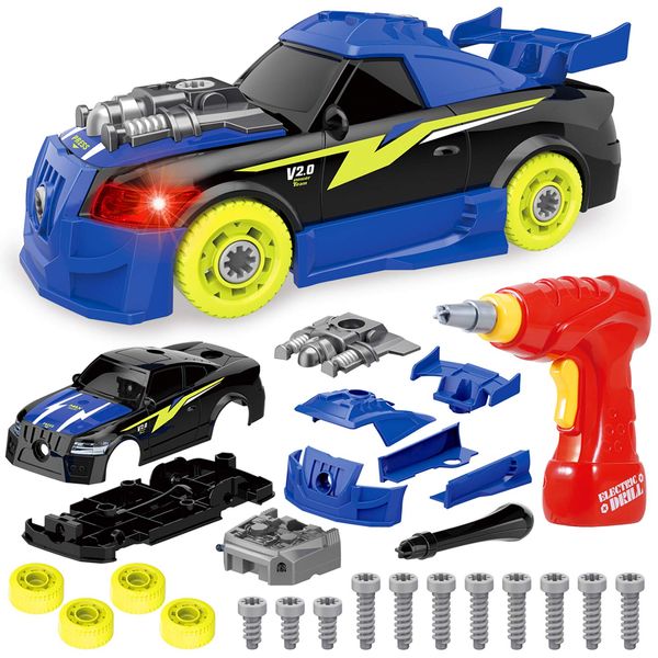 Coogam Take Apart Racing Car with Electric Screwdriver Tool, Fine Motor Skill Toy Car Construction Set STEM Building Learning Game with Light and Sound Gifts for Year Old Boys and Girls