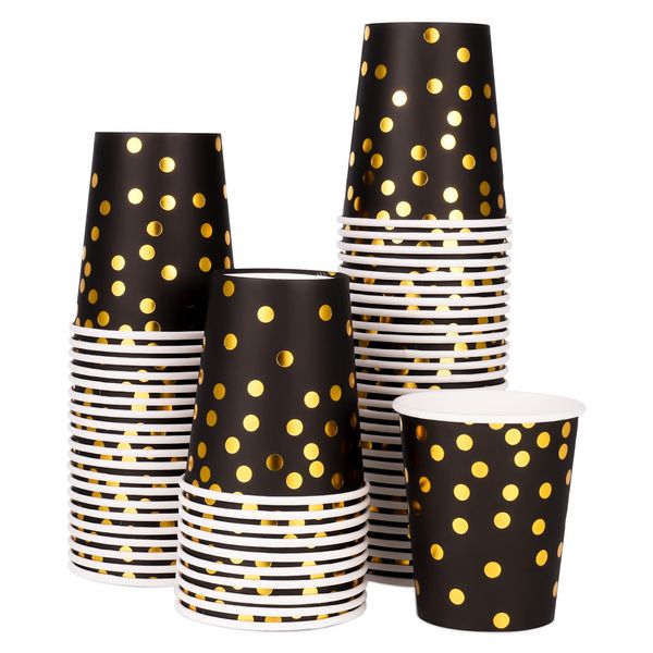 Pinenuts 60 Pieces Gold Polka Dot Paper Cups 9 Ounces Party Cups, Disposable Drinking Cups, Biodegradable for Halloween Christmas Holiday Wedding Party(Black)