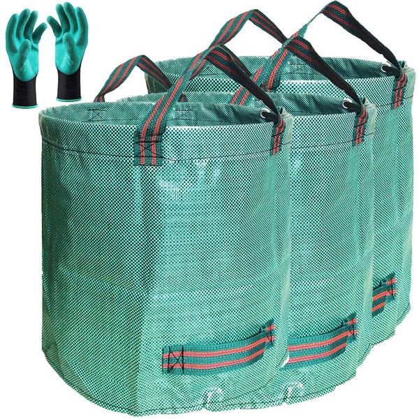 Standard 3-Pack 32 Gallons Garden Yard Bags (D18, H30 inches) with Coated Gardening Gloves Reusable Leaf Bags Standable Gardening Plant Trimming Bags Trash Containers Lawn Yard Waste Bags 4 Handles