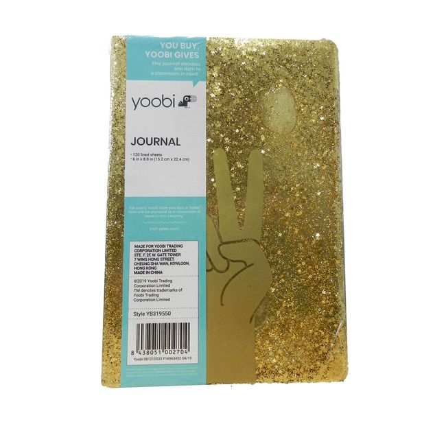 Yoobi Gold Liquid Glitter Hand Peace Symbol Lined Journal 120 Sheets