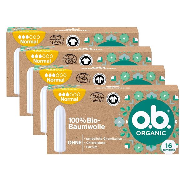 o.b. Organic Normal Tampons, 100% Organic Cotton, Plastic-free, 64 Count