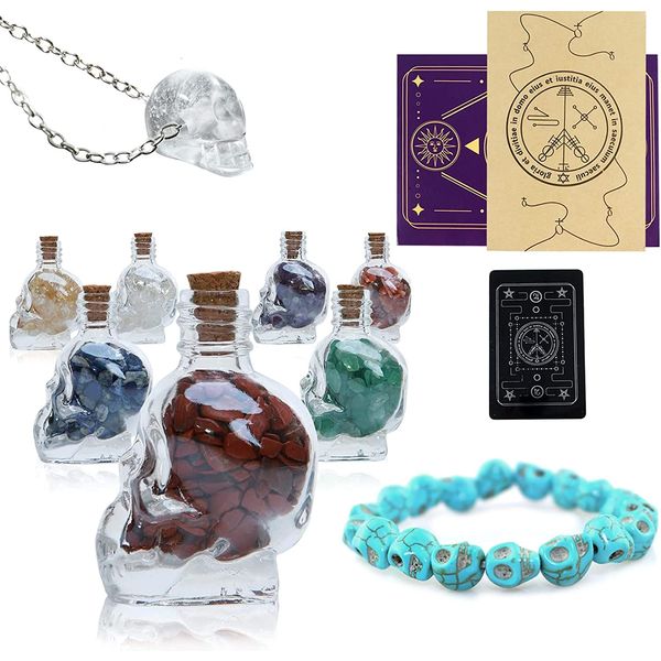 Soulnioi 12 PCS Witchcraft Supplies, Real Crystal Chips in Skull Jars, Healing Crystals Set with Spiritual Jewelry Bracelet and Necklace, Crystals and Healing Stones for Meditation/Spiritual Healing