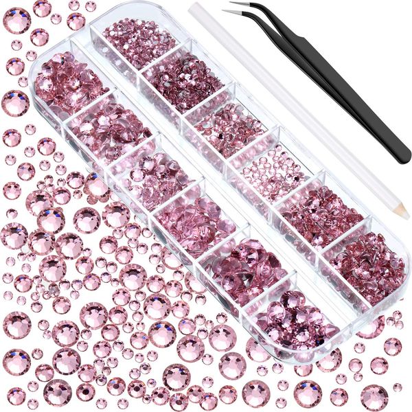 2000 Pieces Flat Back Gems Rhinestones 6 Sizes (1.5-6 Mm) Round Crystal Rhinestones with Pick up Tweezer and Rhinestones Picking Pen for Crafts Nail Clothes Shoes Bags DIY Art (Pink)