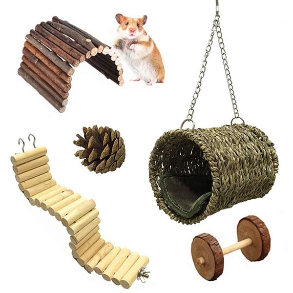 Ewolee Hamster Chew Toys Set, 5 Pcs Wooden Hamster Cage Toys, Hammock Nest Swing Bridge Ladder Stairs Climb Toy for Hamster Squirrel Ferret Guinea Pig Chinchilla Parrot