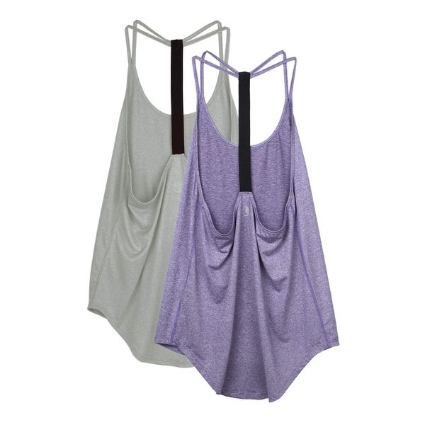 icyzone Damen Sport Top ärmellos Yoga Shirt Strappy Training Fitness Tank Top Gym Oberteile, 2er Pack (S, Grey/Violet)