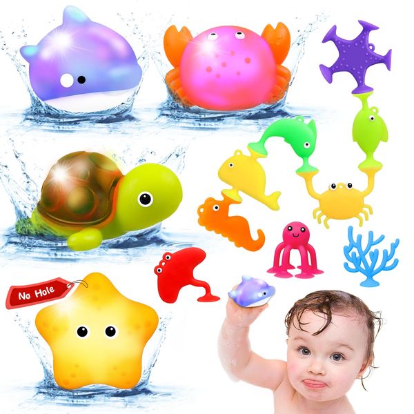 Baby Bath Toys for Kids Ages 1-3,Mold Free Silicone Suction Cup Toys for Toddlers 2-4,No Hole Light Up Ocean Animal Bathtub Sensory Toys for Babies 6-12 Months,Whale Floating Toy Gifts for Boys Girls