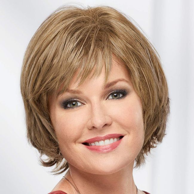 Paula Young Meg Whisperlite Wig Modern Layered, Side-Swept Bob Cut, Straight Style with Feathered Ends / 30+ Multi-tonal Shades of Blonde, Grey, Brown, and Red