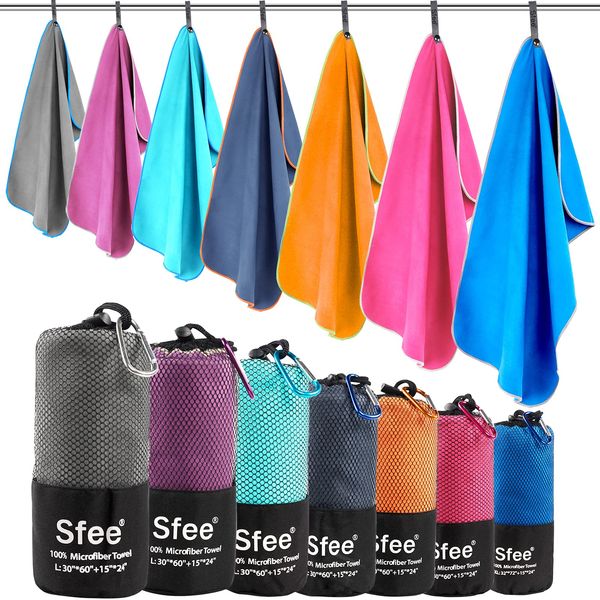 Sfee 2 Pack Microfiber Travel Towel, Quick Dry Towel Camping Towel Super Absorbent Compact Lightweight Sports Towel Swim Towel Gym Towel Beach Towel Set for Gym, Hiking, Pool, Backpacking, Bath, Yoga