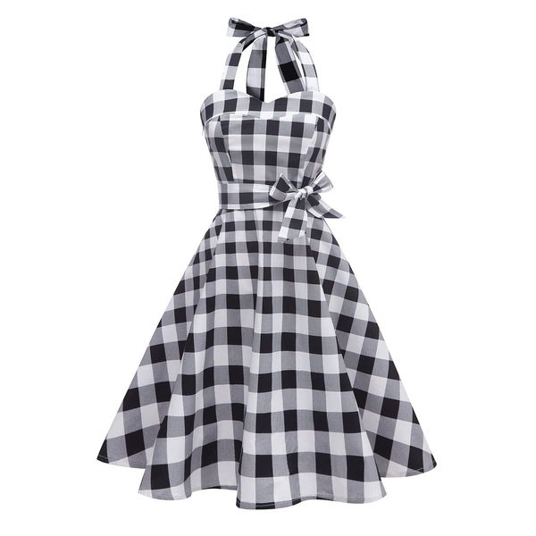 Topdress Women's Vintage Polka Audrey Dress 1950s Halter Retro Cocktail Dress Black White Plaid L