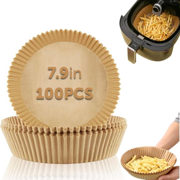 Air Fryer Liners 100 Pcs- Non-Stick Airfryer Liners Parchment Paper Disposable Oil & Water Proof Round Air Fryer Accessories for Baking, Roasting & Cooking (7.9inch Round)